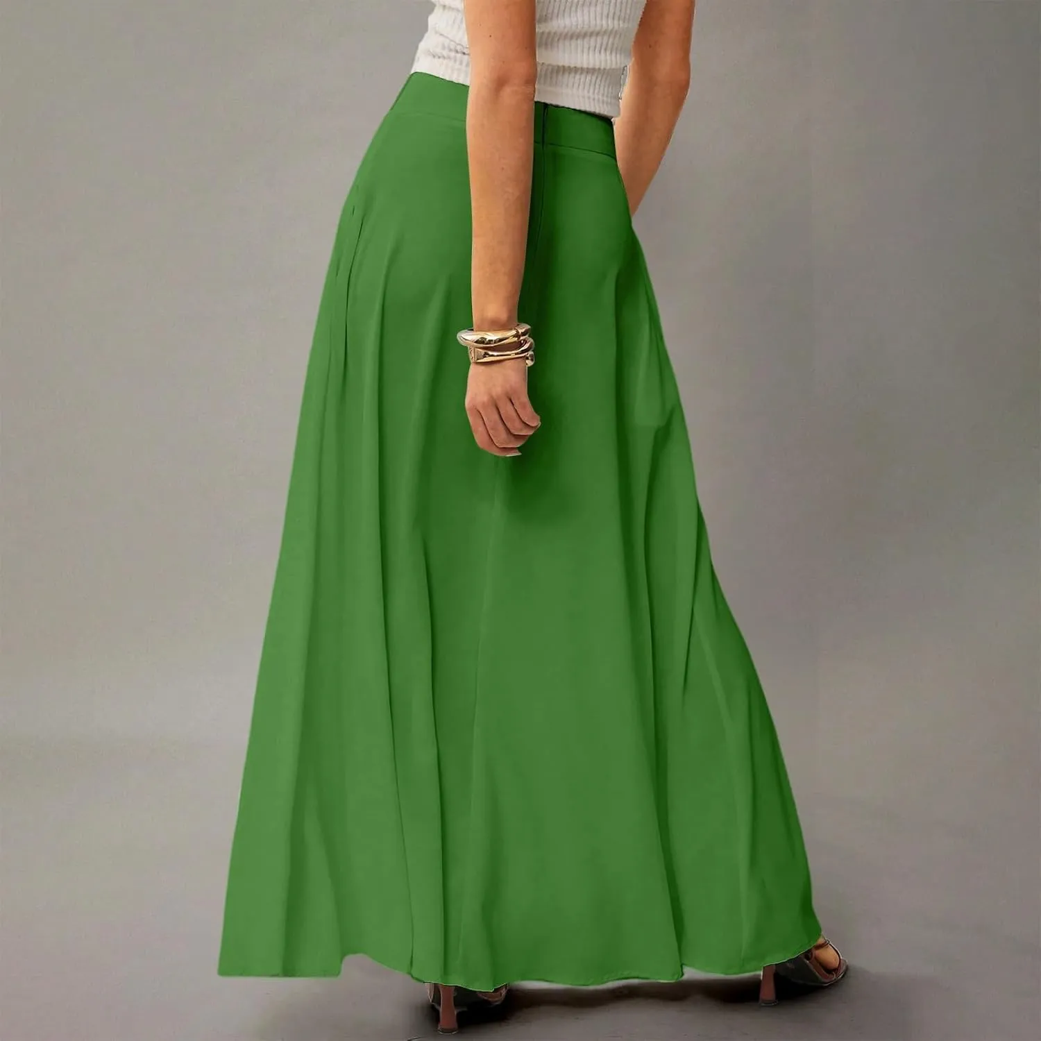 Womens Ankle Length Skirt High Waist Long Skirts Trendy Solid Gradient Color Summer Boho Maxi Skirts with Pockets