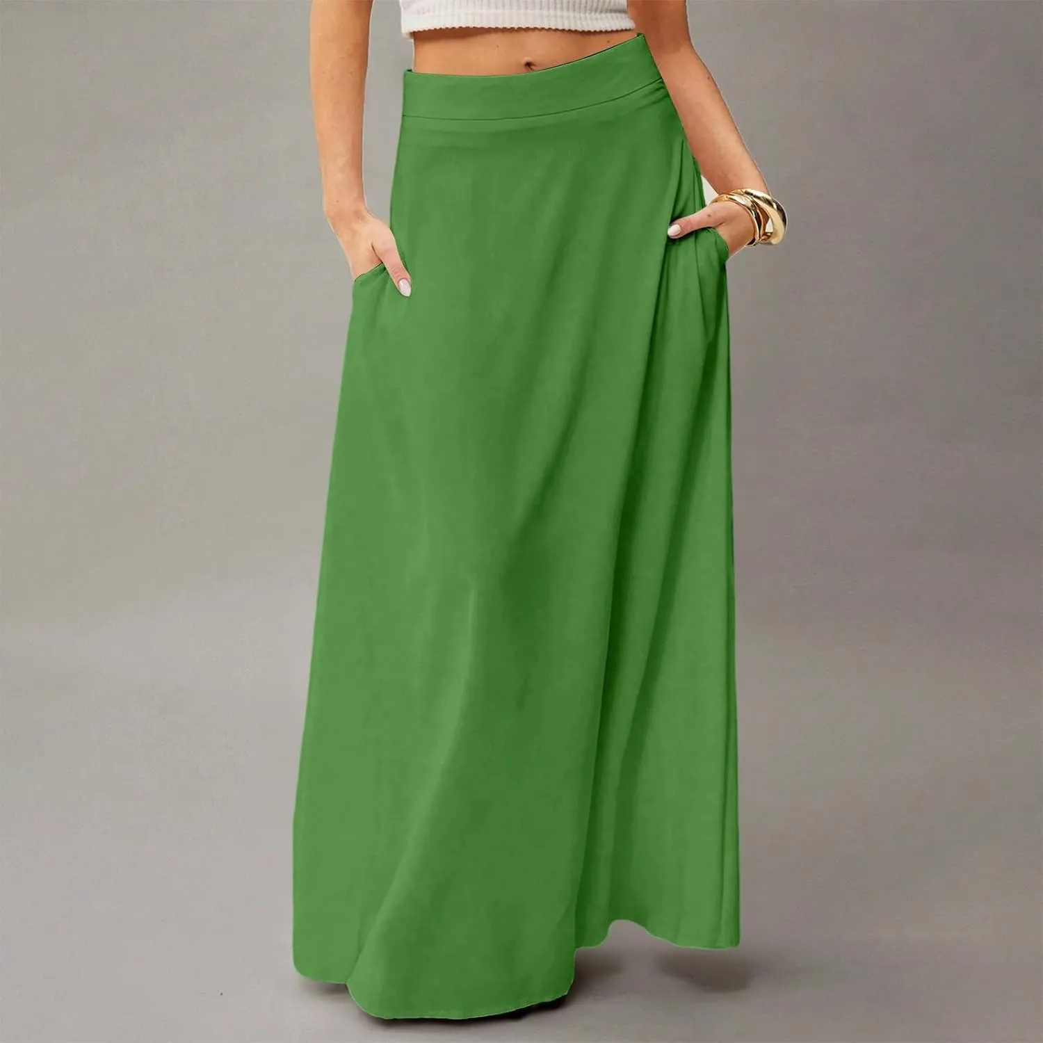 Womens Ankle Length Skirt High Waist Long Skirts Trendy Solid Gradient Color Summer Boho Maxi Skirts with Pockets