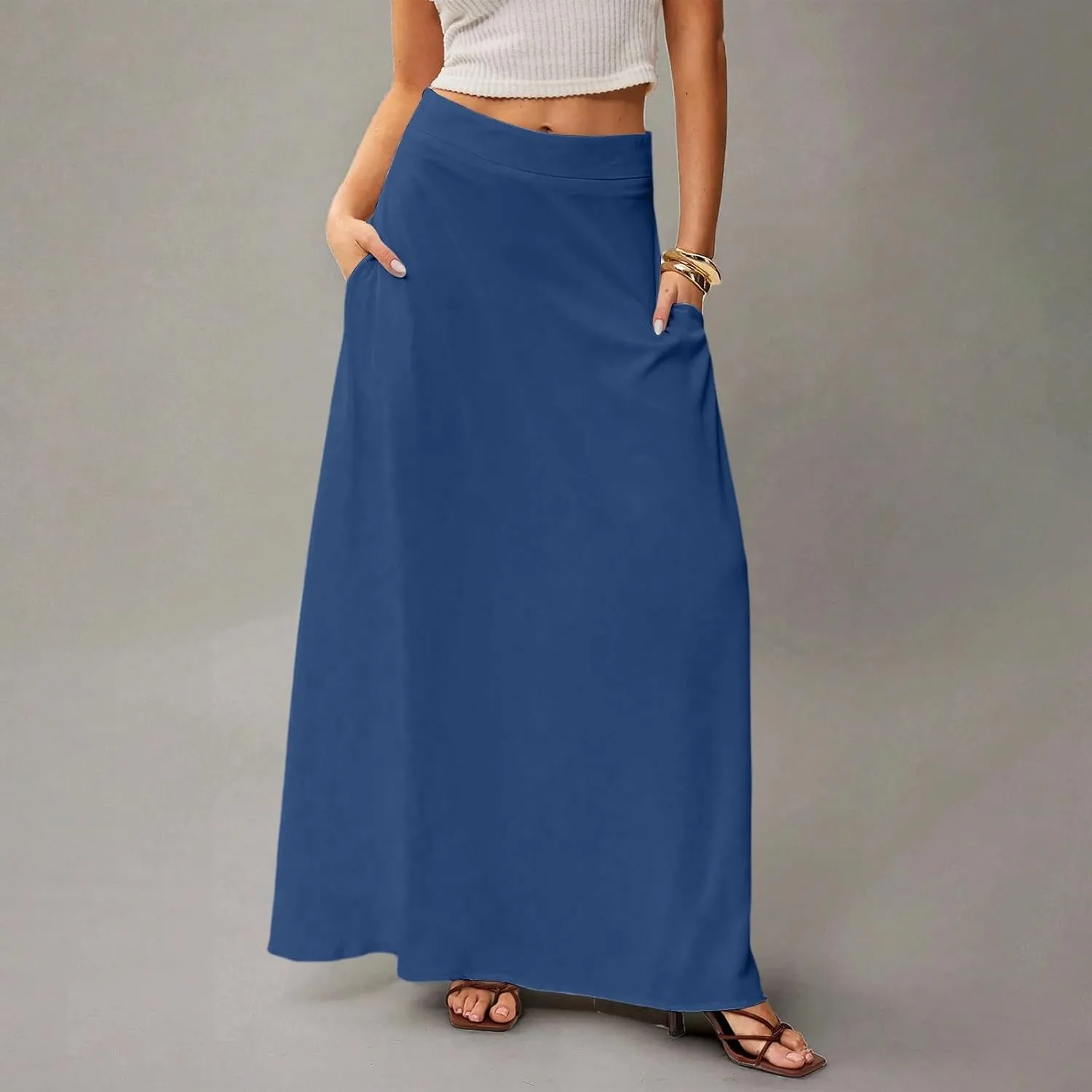 Womens Ankle Length Skirt High Waist Long Skirts Trendy Solid Gradient Color Summer Boho Maxi Skirts with Pockets
