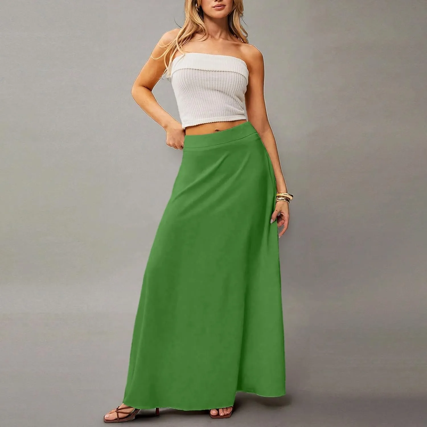 Womens Ankle Length Skirt High Waist Long Skirts Trendy Solid Gradient Color Summer Boho Maxi Skirts with Pockets