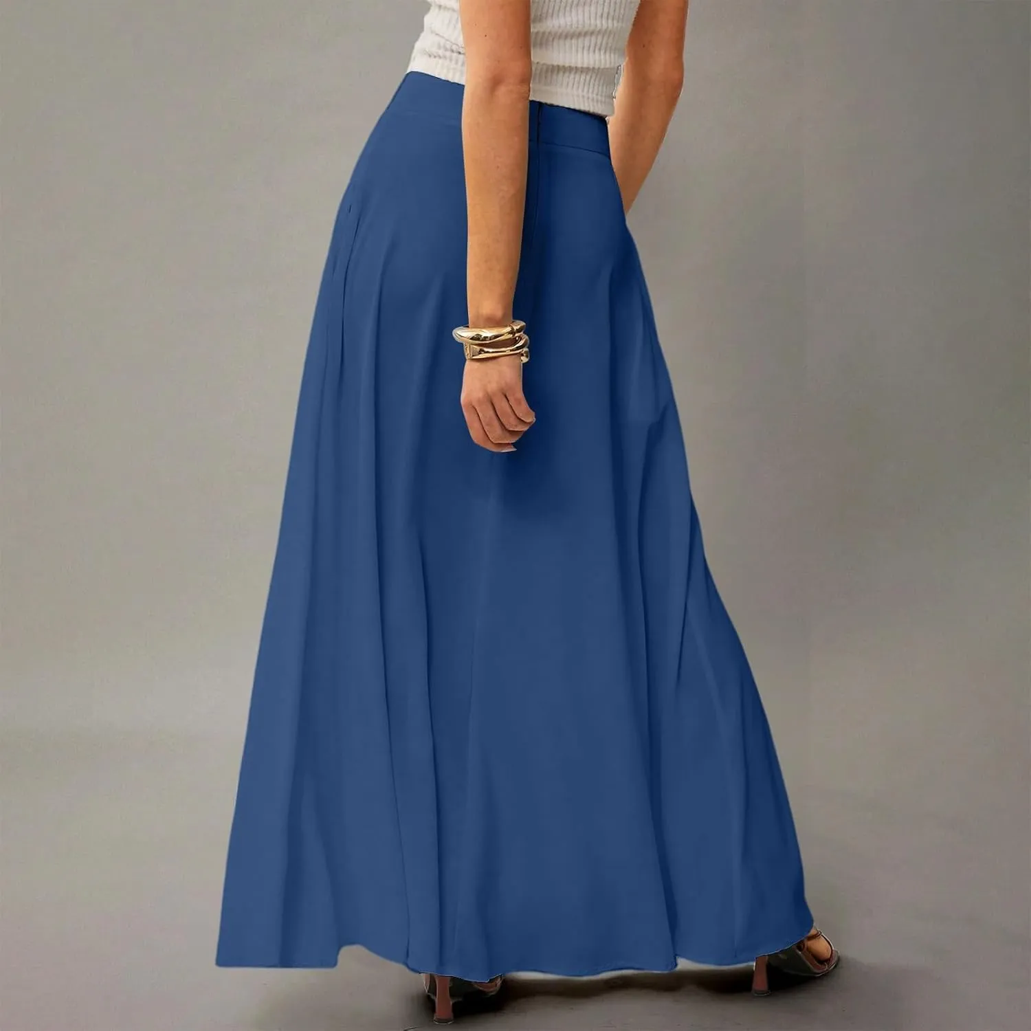 Womens Ankle Length Skirt High Waist Long Skirts Trendy Solid Gradient Color Summer Boho Maxi Skirts with Pockets