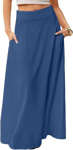 Womens Ankle Length Skirt High Waist Long Skirts Trendy Solid Gradient Color Summer Boho Maxi Skirts with Pockets