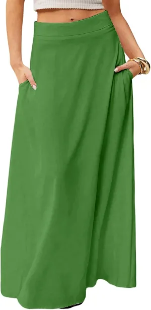 Womens Ankle Length Skirt High Waist Long Skirts Trendy Solid Gradient Color Summer Boho Maxi Skirts with Pockets