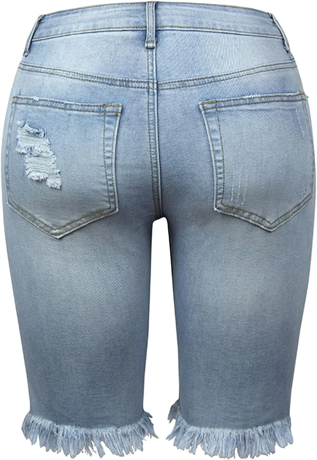 Womens Bermuda Short High Waist Junior Frayed Hem Distressed Jeans Shorts Stretchy Trendy Knee Length Denim Short with Pocket