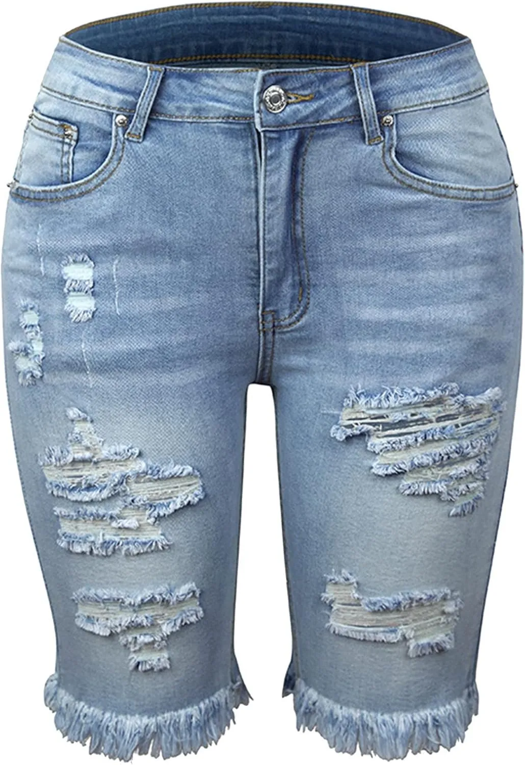 Womens Bermuda Short High Waist Junior Frayed Hem Distressed Jeans Shorts Stretchy Trendy Knee Length Denim Short with Pocket