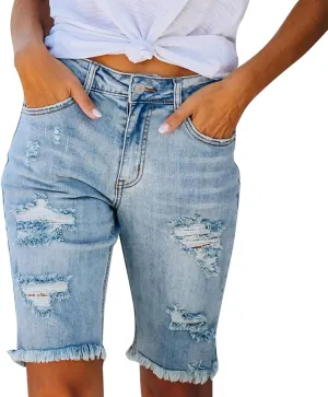 Womens Bermuda Short High Waist Junior Frayed Hem Distressed Jeans Shorts Stretchy Trendy Knee Length Denim Short with Pocket
