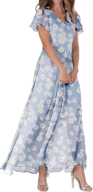 Women's Boho Flowy Short Sleeve Pockets Short Sleeve Dresses Flowy Beach Swing Dress Empire Waist Dress with Pockets