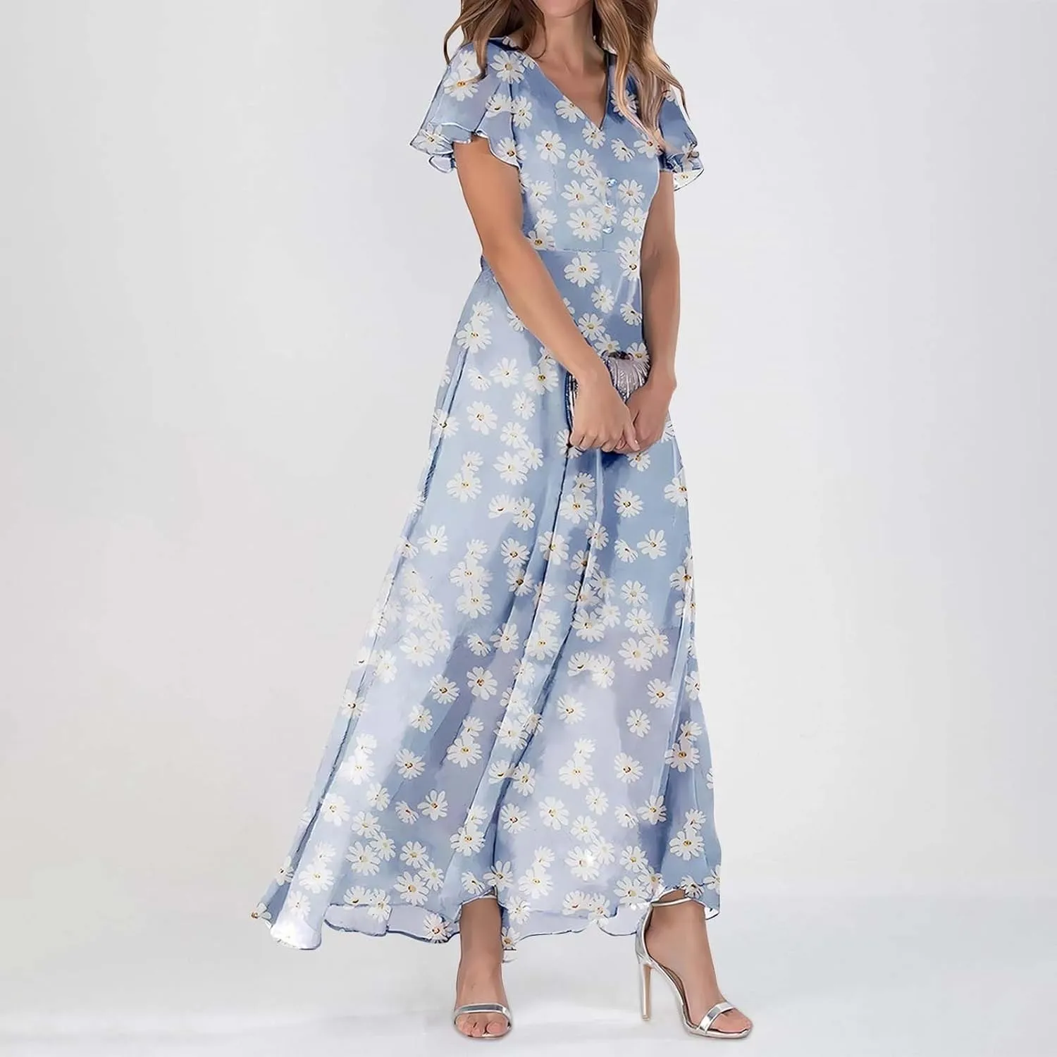 Women's Boho Flowy Short Sleeve Pockets Short Sleeve Dresses Flowy Beach Swing Dress Empire Waist Dress with Pockets