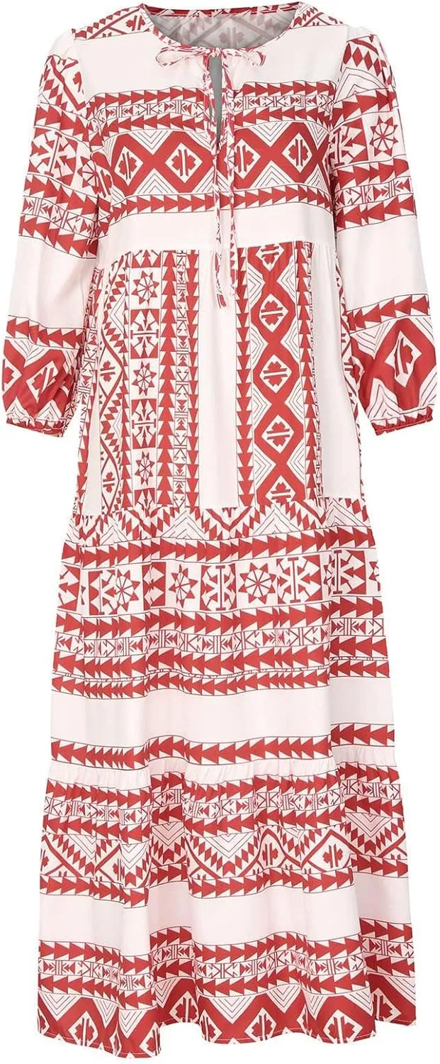 Womens Boho Maxi Dresses 2025 Loose Fit Long Bohemian Dress Geometric Half Sleeve V Neck Floral Flowy Dress