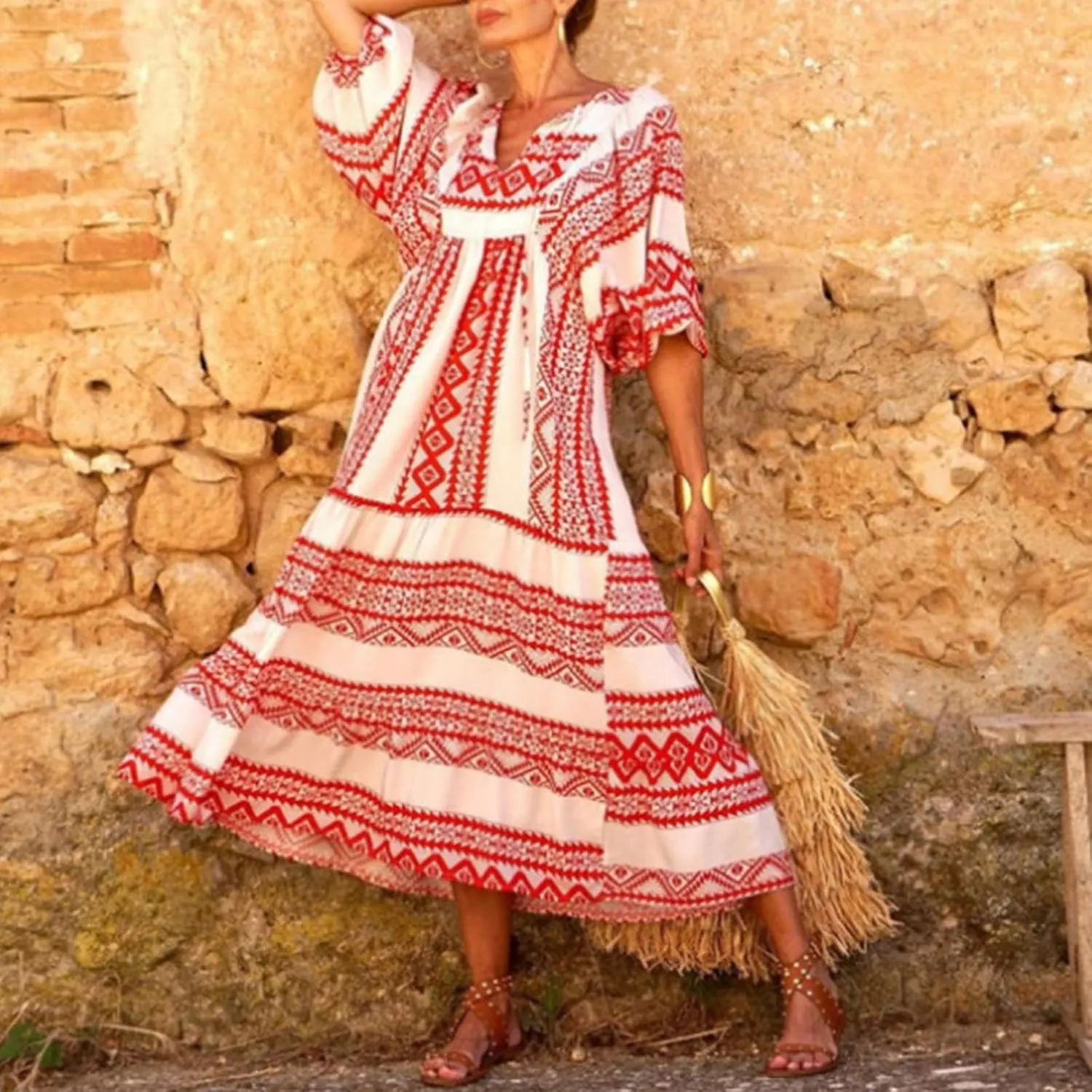 Womens Boho Maxi Dresses 2025 Loose Fit Long Bohemian Dress Geometric Half Sleeve V Neck Floral Flowy Dress