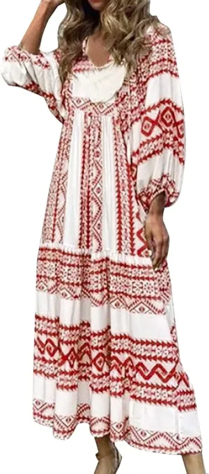 Womens Boho Maxi Dresses 2025 Loose Fit Long Bohemian Dress Geometric Half Sleeve V Neck Floral Flowy Dress