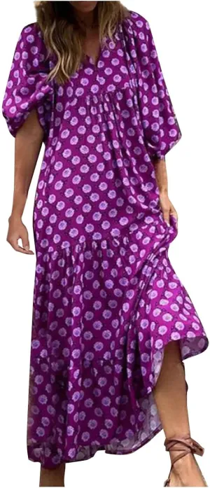 Womens Boho Maxi Dresses 2025 Loose Fit Long Bohemian Dress Geometric Half Sleeve V Neck Floral Flowy Dress