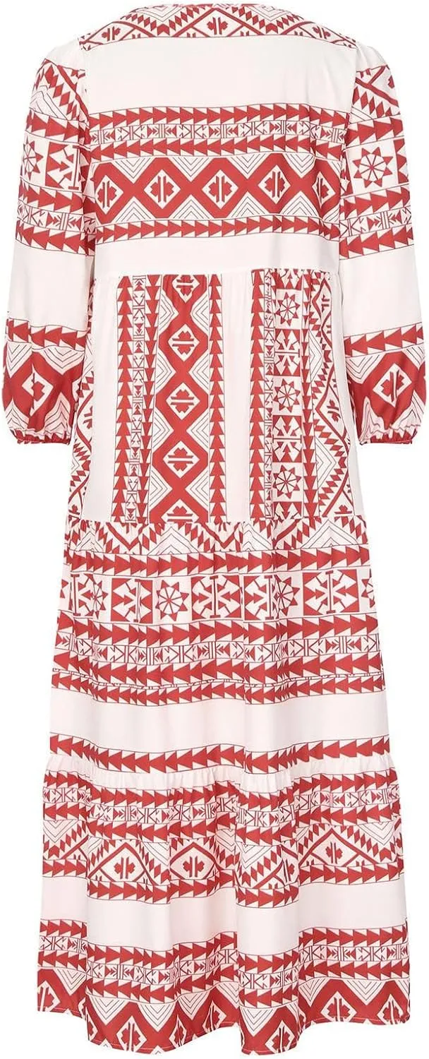 Womens Boho Maxi Dresses 2025 Loose Fit Long Bohemian Dress Geometric Half Sleeve V Neck Floral Flowy Dress
