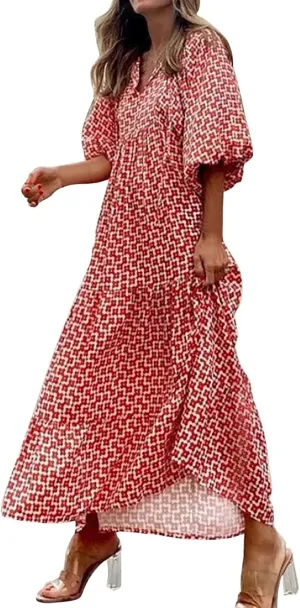 Womens Boho Maxi Dresses 2025 Loose Fit Long Bohemian Dress Geometric Half Sleeve V Neck Floral Flowy Dress