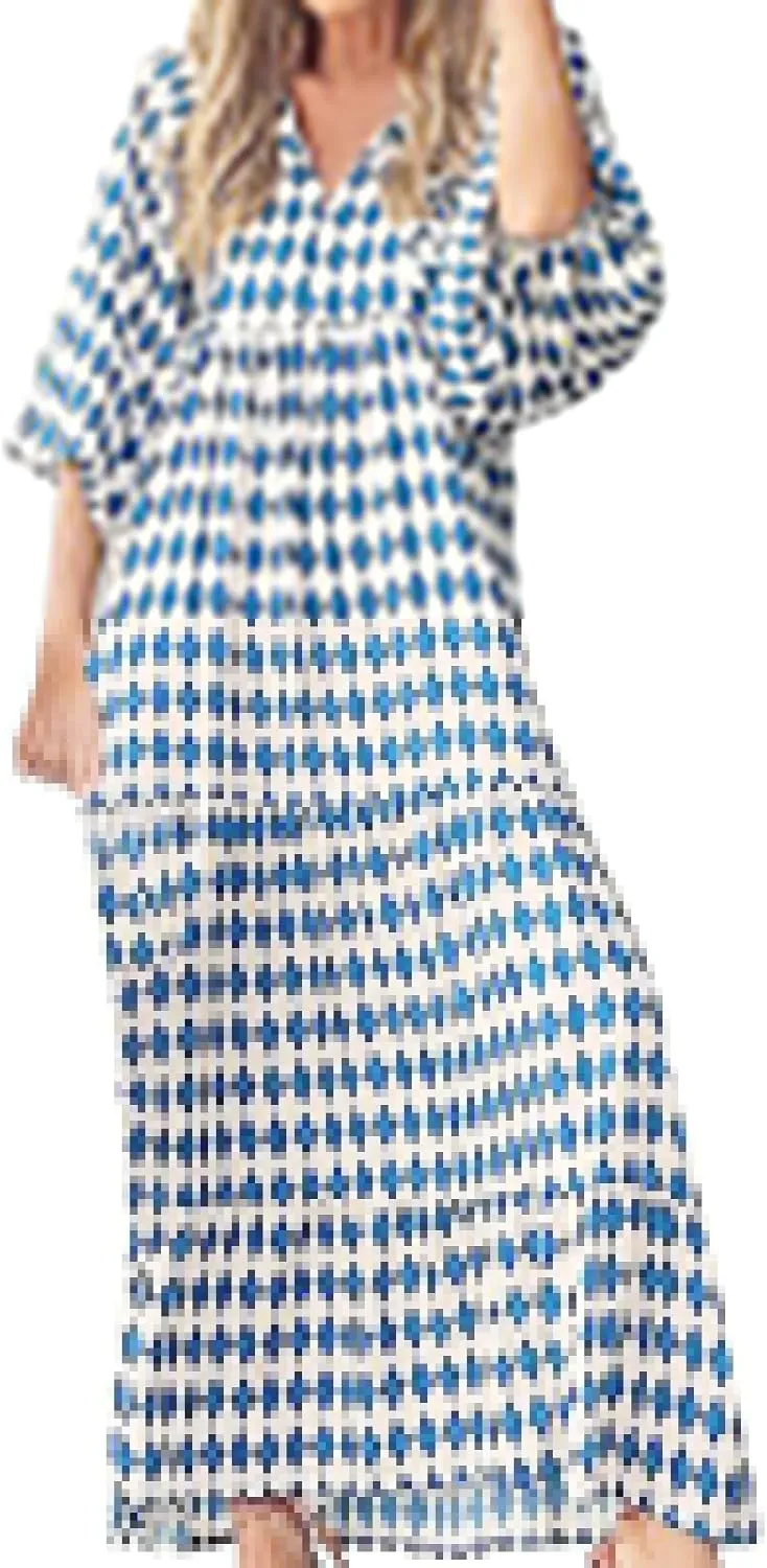 Womens Boho Maxi Dresses 2025 Loose Fit Long Bohemian Dress Geometric Half Sleeve V Neck Floral Flowy Dress