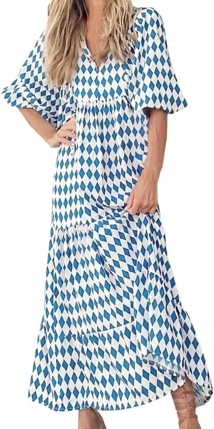 Womens Boho Maxi Dresses 2025 Loose Fit Long Bohemian Dress Geometric Half Sleeve V Neck Floral Flowy Dress