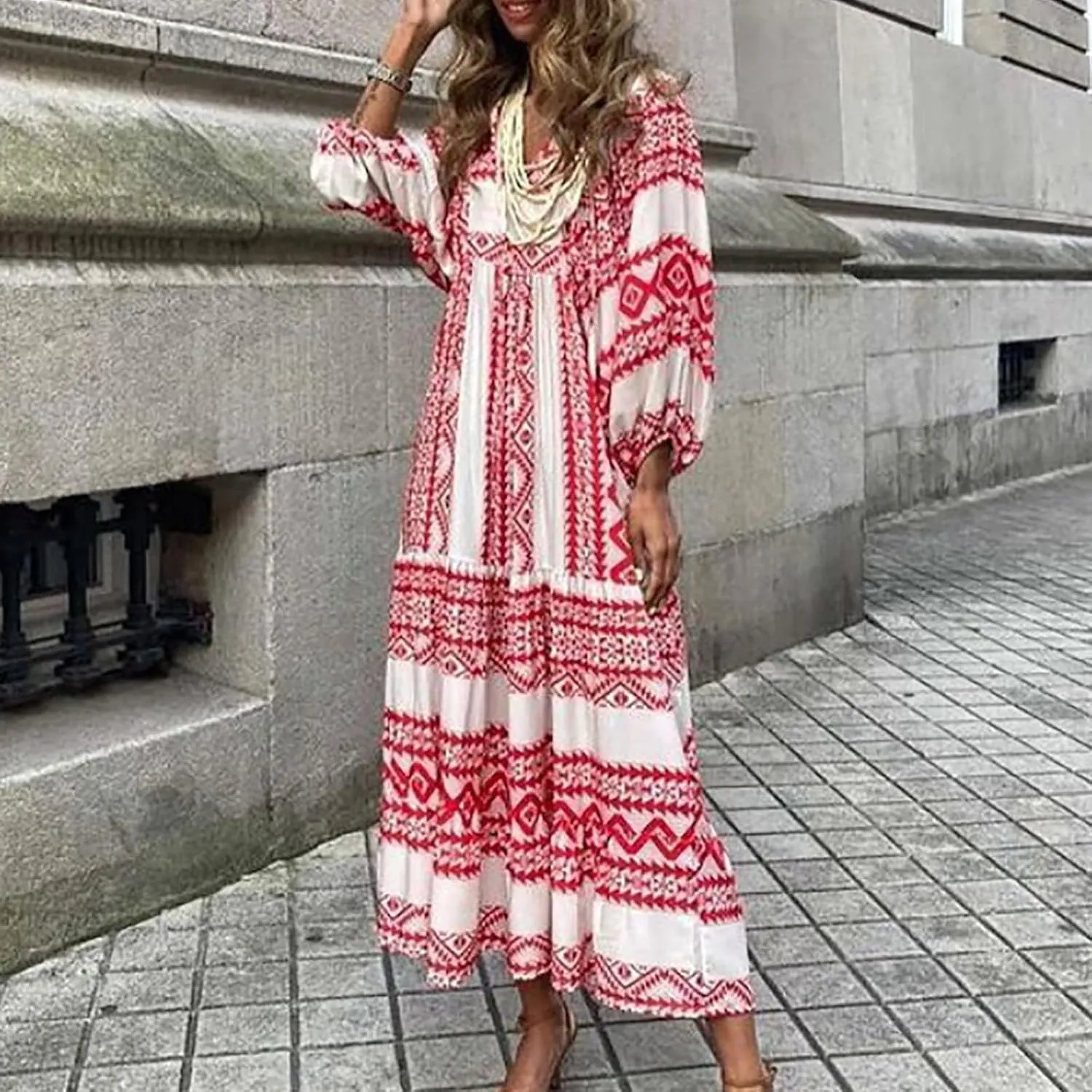 Womens Boho Maxi Dresses 2025 Loose Fit Long Bohemian Dress Geometric Half Sleeve V Neck Floral Flowy Dress