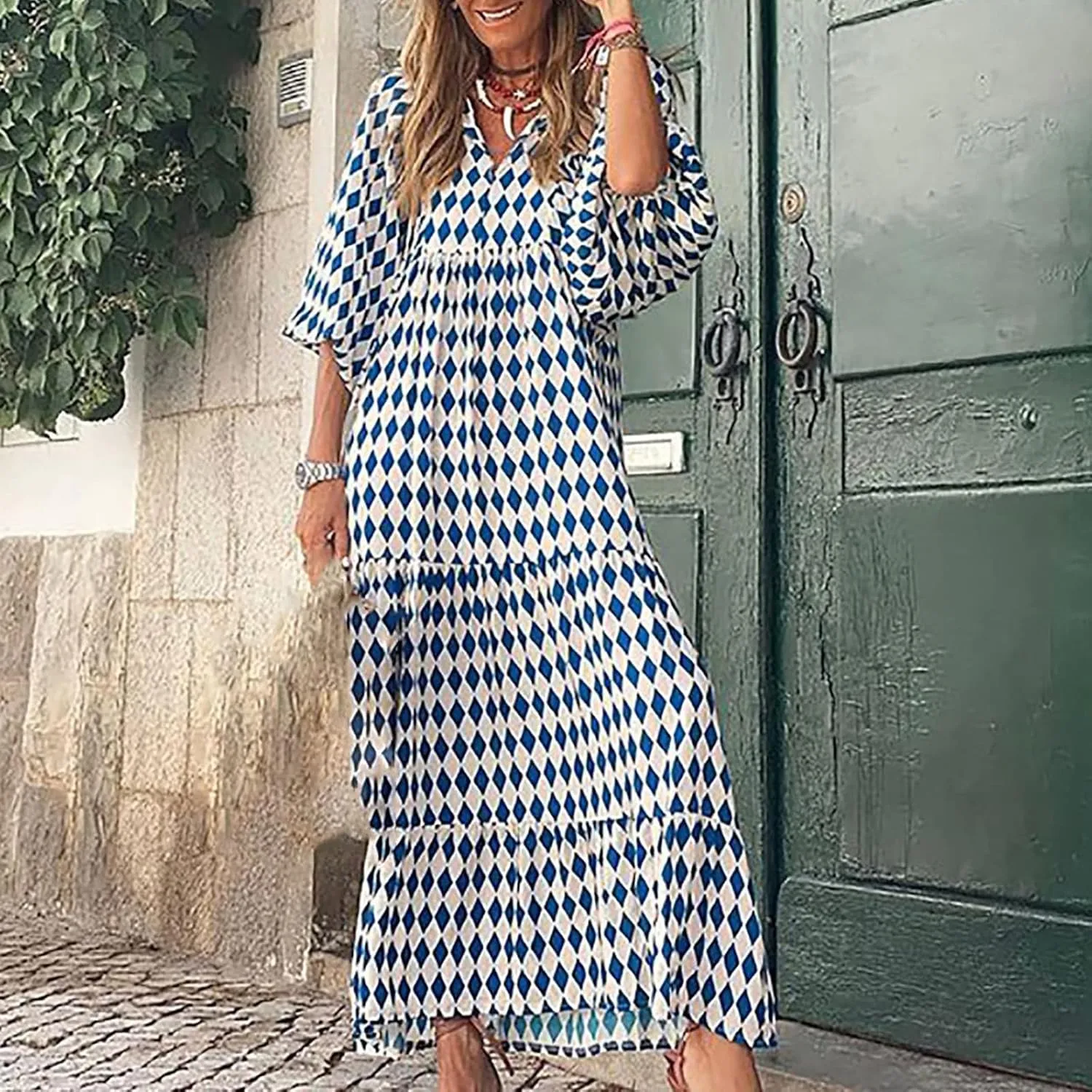 Womens Boho Maxi Dresses 2025 Loose Fit Long Bohemian Dress Geometric Half Sleeve V Neck Floral Flowy Dress