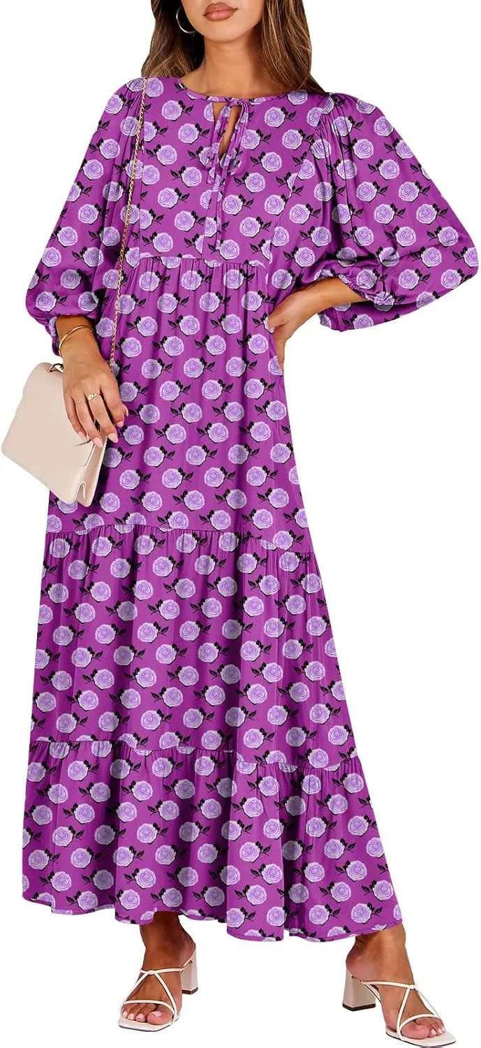 Womens Boho Maxi Dresses 2025 Loose Fit Long Bohemian Dress Geometric Half Sleeve V Neck Floral Flowy Dress