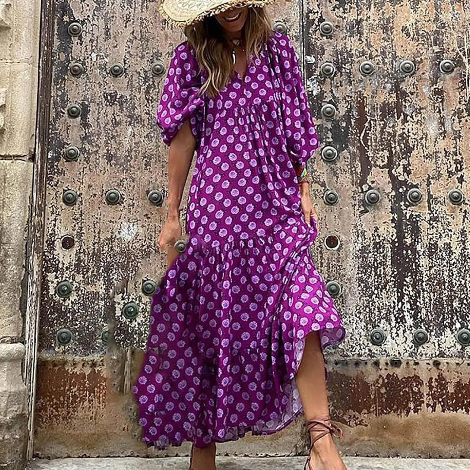Womens Boho Maxi Dresses 2025 Loose Fit Long Bohemian Dress Geometric Half Sleeve V Neck Floral Flowy Dress