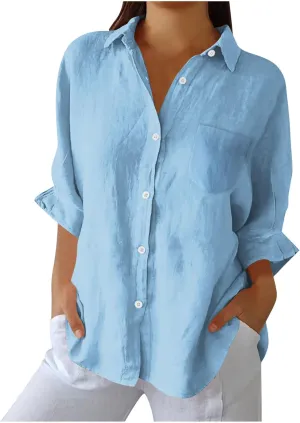 Women's Casual Collared Button-Down Shirt Summer Cotton Linen Tops Loose-Fit Home Long Sleeve Blouses with Pocket