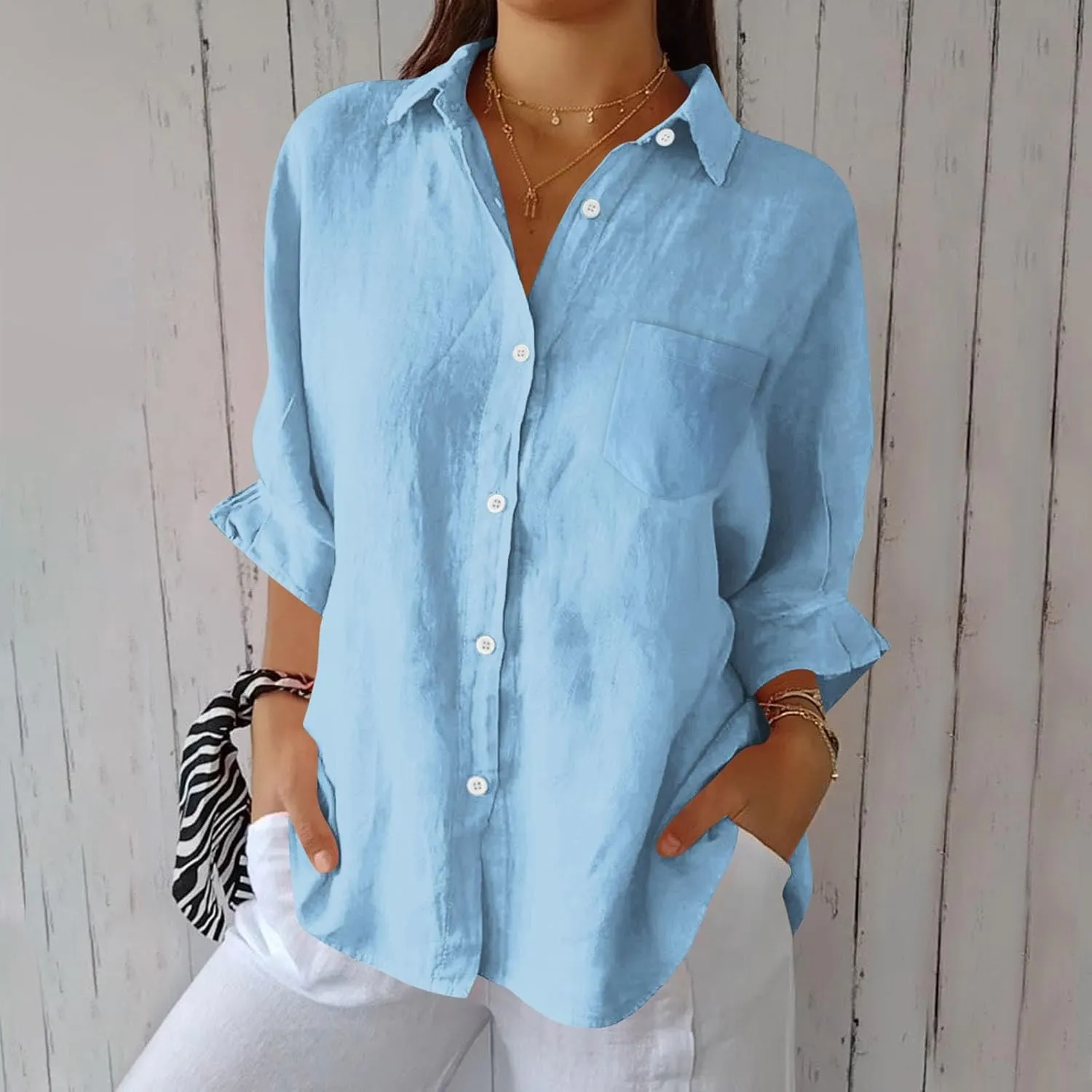 Women's Casual Collared Button-Down Shirt Summer Cotton Linen Tops Loose-Fit Home Long Sleeve Blouses with Pocket