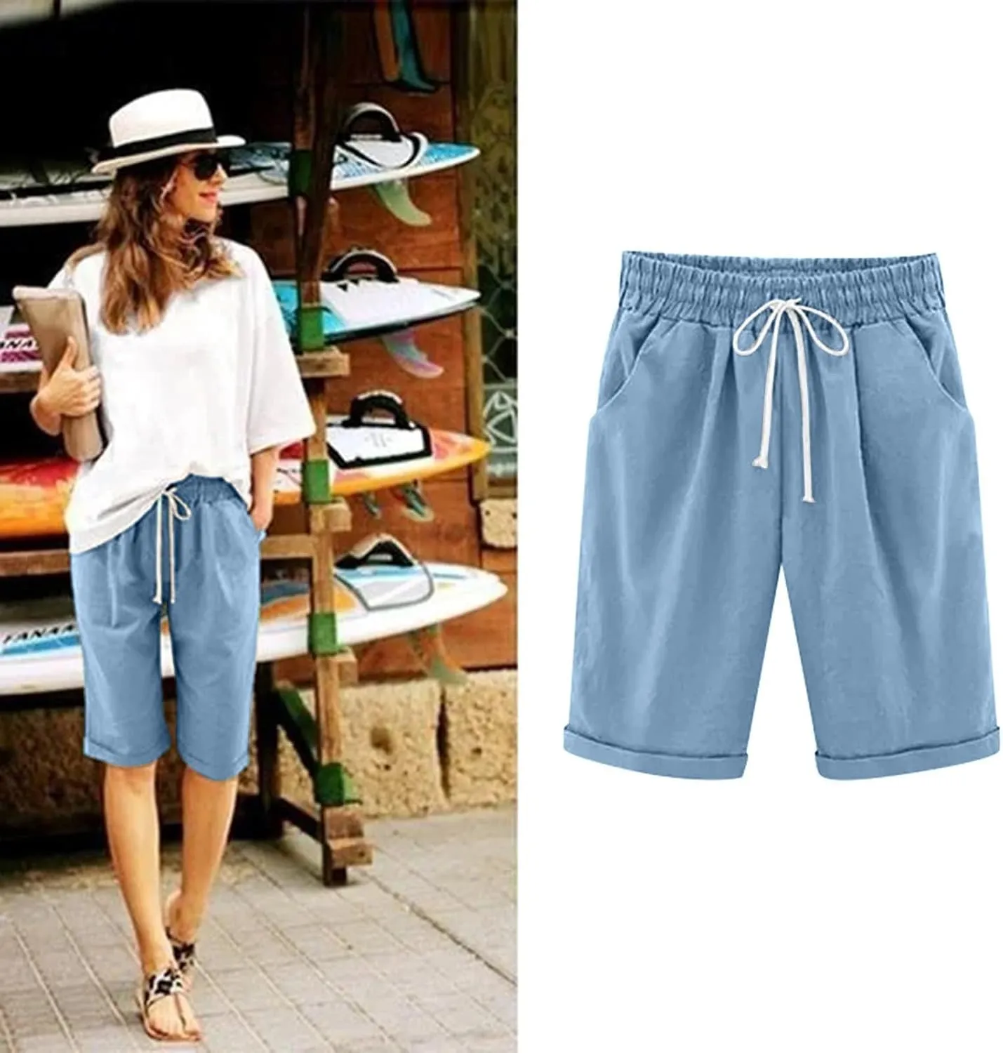 Women's Casual Shorts Cotton Elastic Waist Knee Length Bermuda Shorts Loose Fit Summer Drawstring Beach Shorts, Large