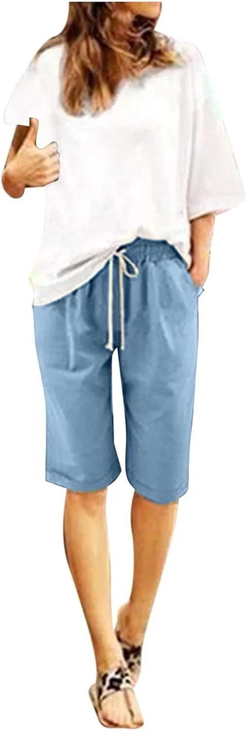 Women's Casual Shorts Cotton Elastic Waist Knee Length Bermuda Shorts Loose Fit Summer Drawstring Beach Shorts, Large