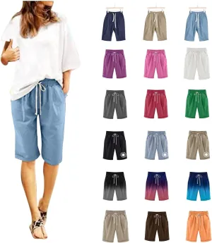 Women's Casual Shorts Cotton Elastic Waist Knee Length Bermuda Shorts Loose Fit Summer Drawstring Beach Shorts, Large