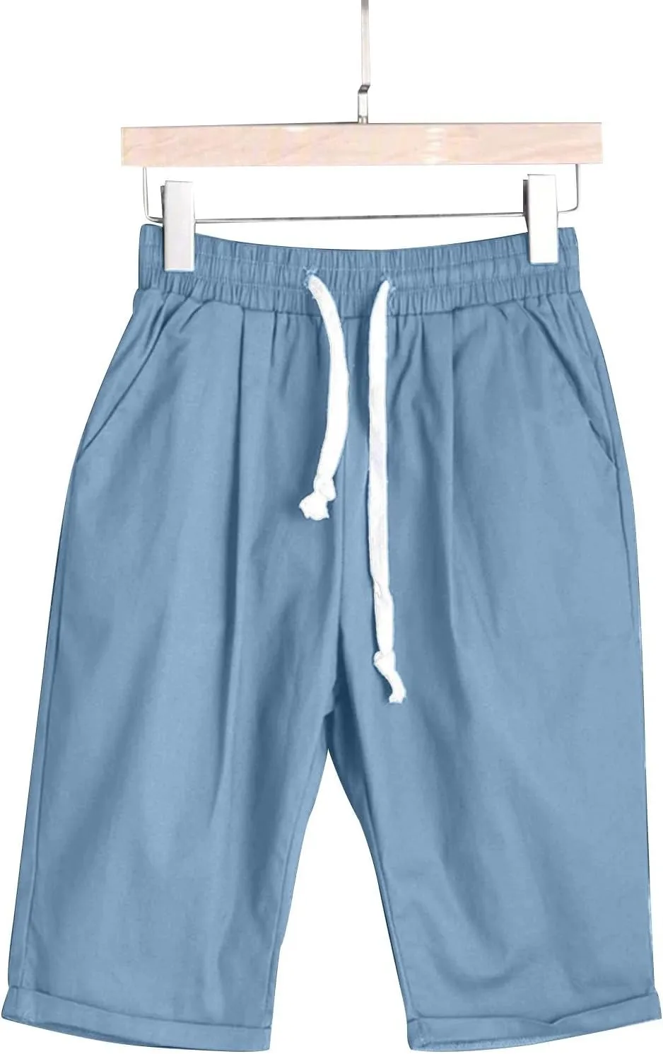 Women's Casual Shorts Cotton Elastic Waist Knee Length Bermuda Shorts Loose Fit Summer Drawstring Beach Shorts, Large