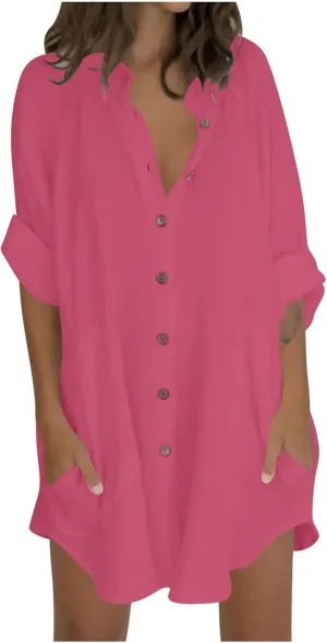 Womens Cotton Linen Button Down Shirts with Pockets 2025 Long Sleeve Loose Fit Oversized Casual Tops Clothes Plus Size
