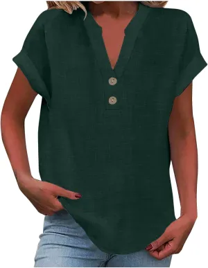 Womens Cotton Linen Henley Shirts Summer Tops Plus Size Cape Sleeve Blouse Casual Loose Tunic Tshirts Holiday Beach