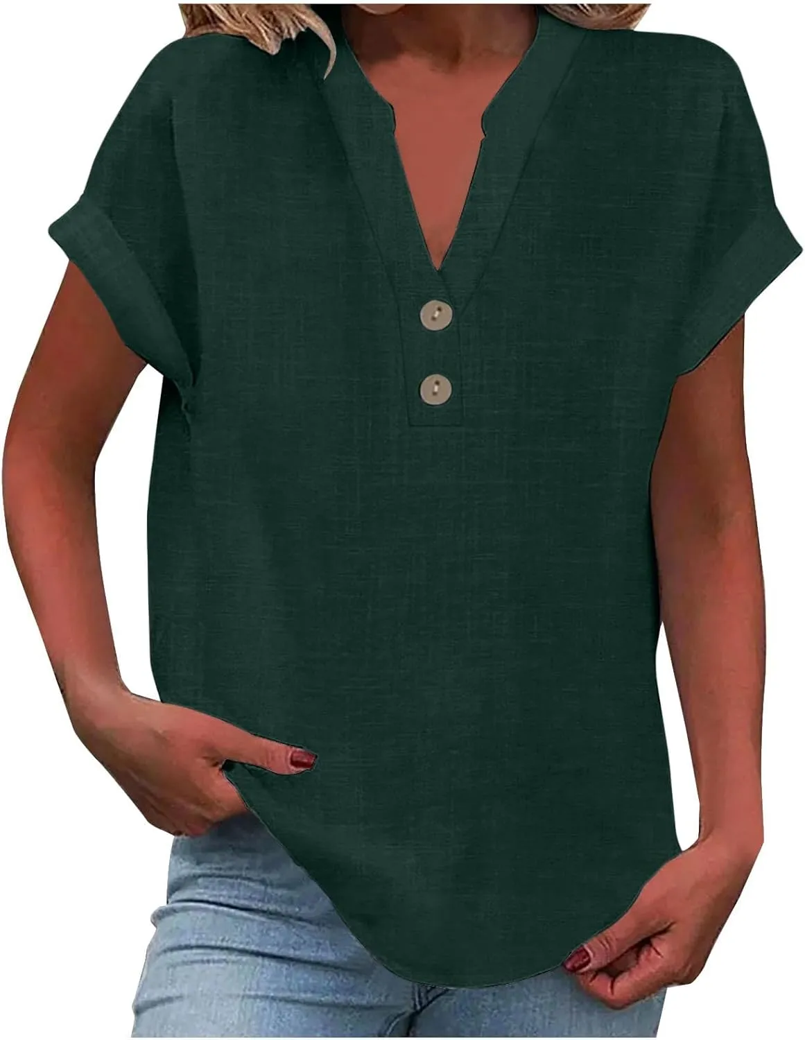 Womens Cotton Linen Henley Shirts Summer Tops Plus Size Cape Sleeve Blouse Casual Loose Tunic Tshirts Holiday Beach