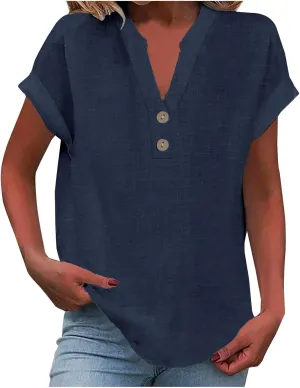 Womens Cotton Linen Henley Shirts Summer Tops Plus Size Cape Sleeve Blouse Casual Loose Tunic Tshirts Holiday Beach