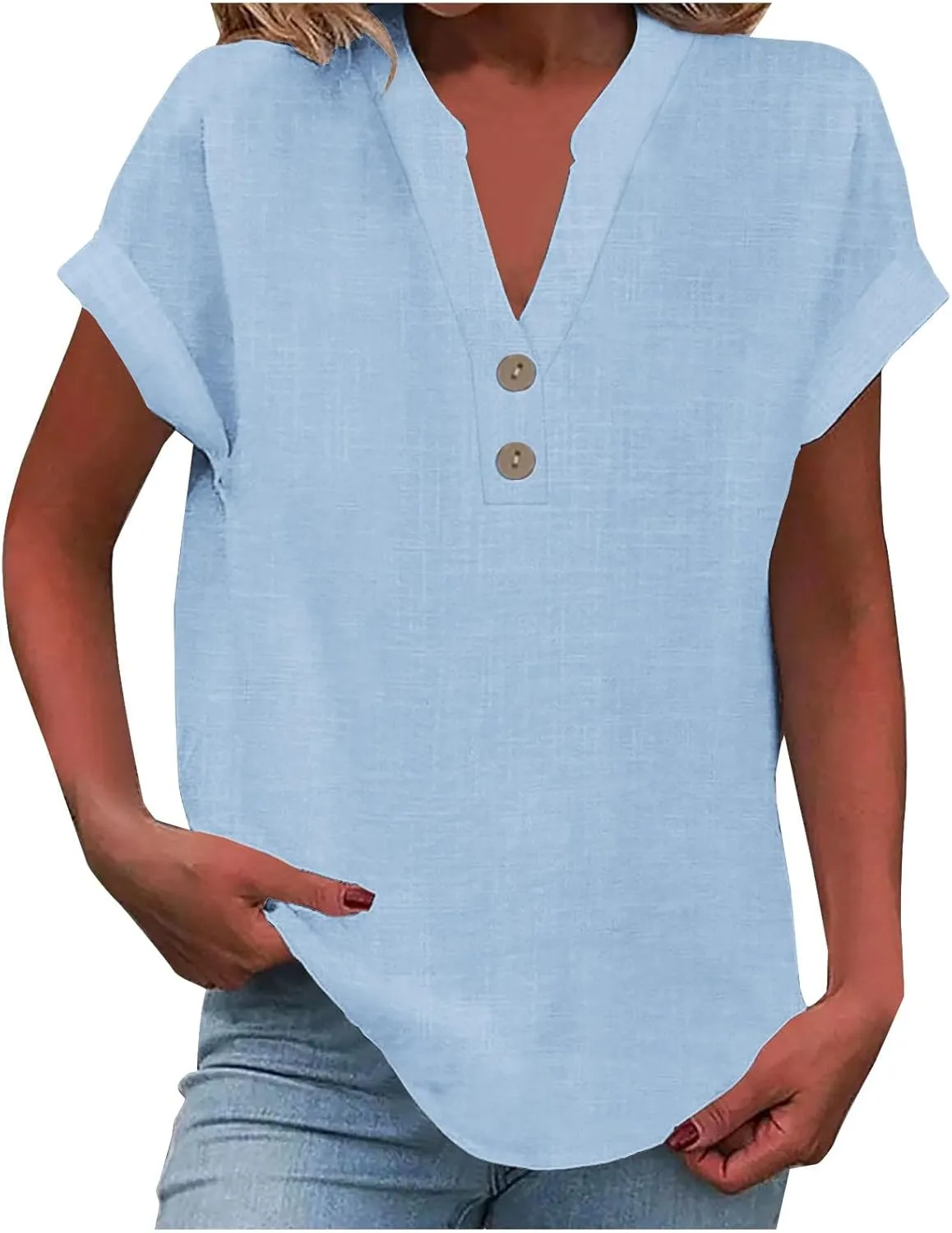 Womens Cotton Linen Henley Shirts Summer Tops Plus Size Cape Sleeve Blouse Casual Loose Tunic Tshirts Holiday Beach