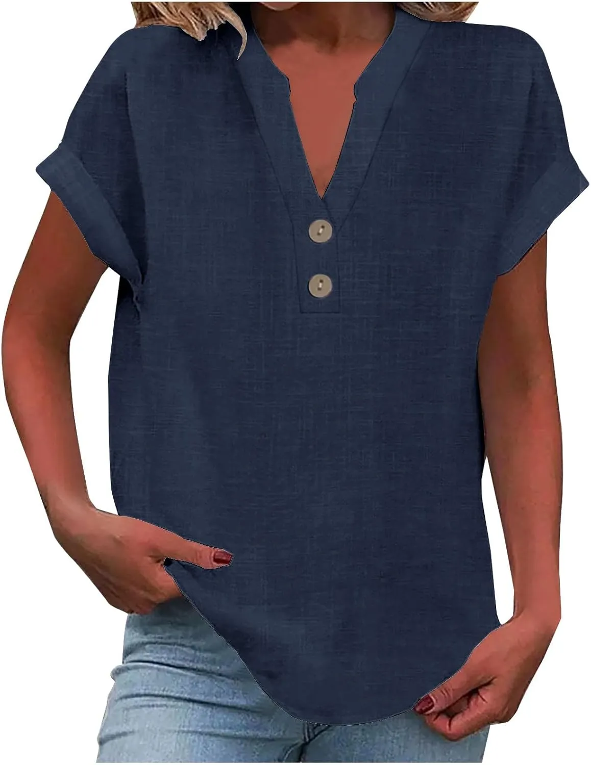Womens Cotton Linen Henley Shirts Summer Tops Plus Size Cape Sleeve Blouse Casual Loose Tunic Tshirts Holiday Beach