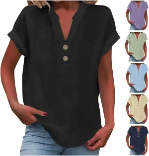 Womens Cotton Linen Henley Shirts Summer Tops Plus Size Cape Sleeve Blouse Casual Loose Tunic Tshirts Holiday Beach
