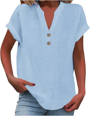 Womens Cotton Linen Henley Shirts Summer Tops Plus Size Cape Sleeve Blouse Casual Loose Tunic Tshirts Holiday Beach
