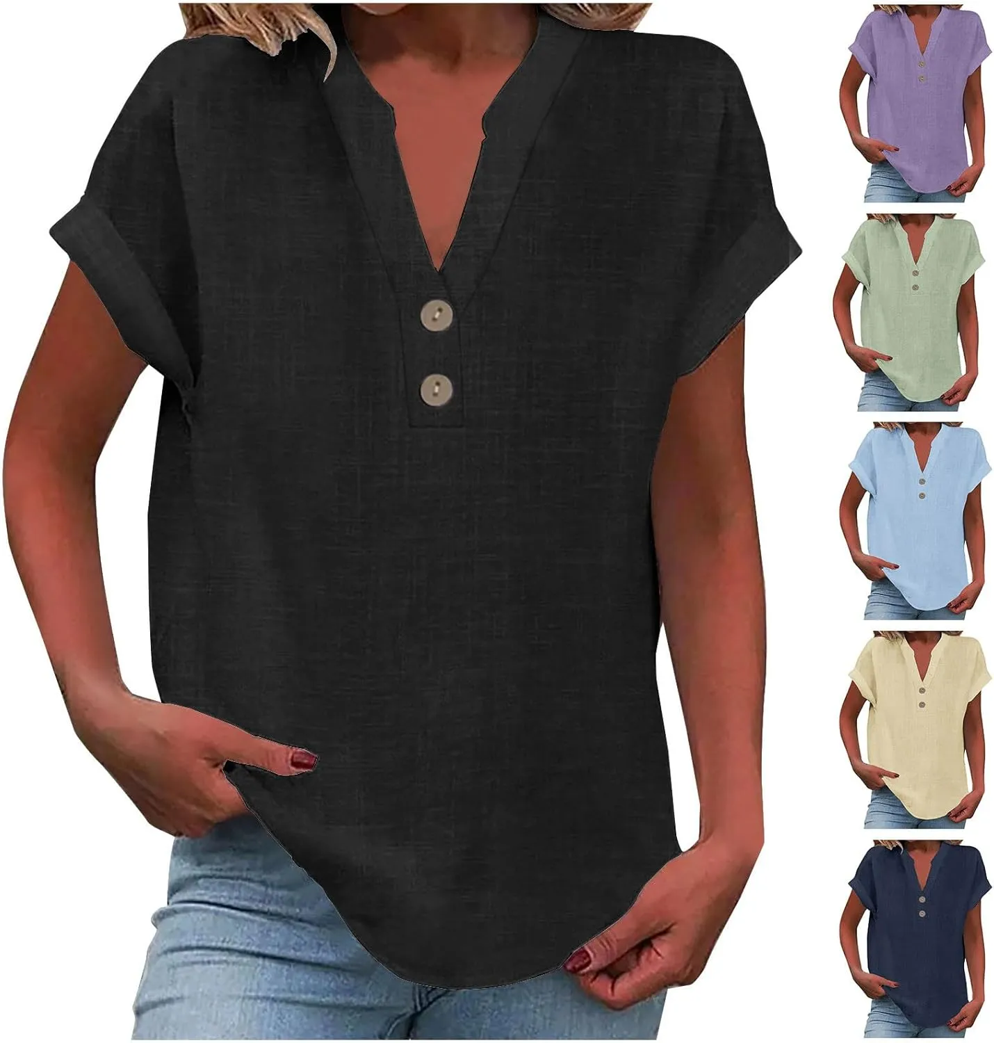 Womens Cotton Linen Henley Shirts Summer Tops Plus Size Cape Sleeve Blouse Casual Loose Tunic Tshirts Holiday Beach