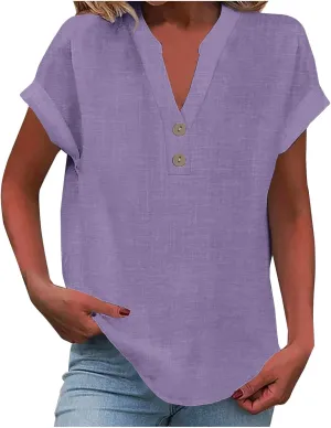 Womens Cotton Linen Henley Shirts Summer Tops Plus Size Cape Sleeve Blouse Casual Loose Tunic Tshirts Holiday Beach