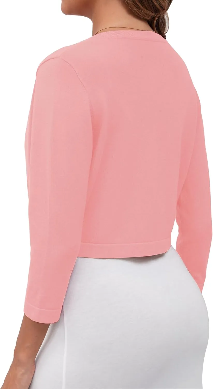 Women's Cropped Cardigans Sweaters 3/4 Sleeve Crewneck Open Front Bolero Shrugs for Women, S-XL