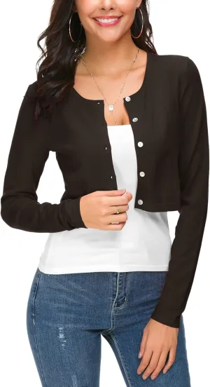 Women's Cropped Knit Cardigan Sweater Long Sleeve Button Down Open Front Bolero Shrug for Spring and Fall
