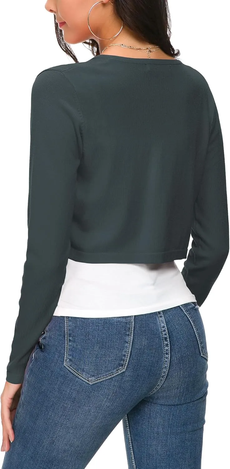 Women's Cropped Knit Cardigan Sweater Long Sleeve Button Down Open Front Bolero Shrug for Spring and Fall