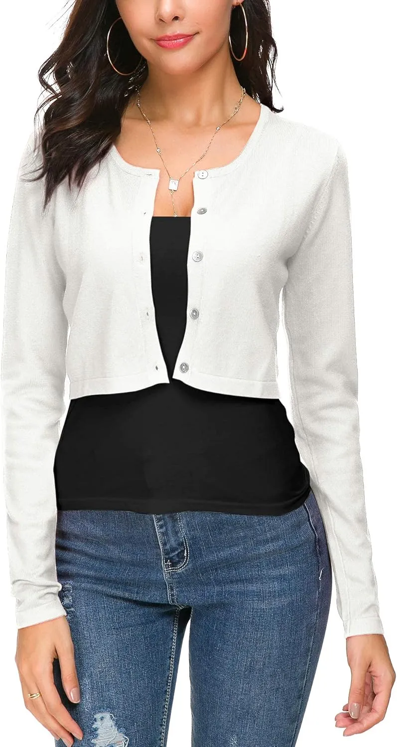 Women's Cropped Knit Cardigan Sweater Long Sleeve Button Down Open Front Bolero Shrug for Spring and Fall