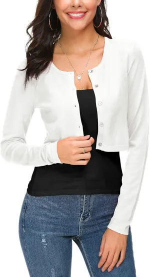 Women's Cropped Knit Cardigan Sweater Long Sleeve Button Down Open Front Bolero Shrug for Spring and Fall
