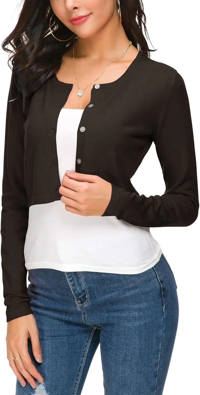 Women's Cropped Knit Cardigan Sweater Long Sleeve Button Down Open Front Bolero Shrug for Spring and Fall