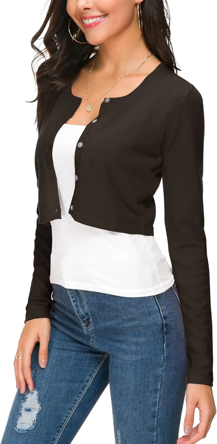Women's Cropped Knit Cardigan Sweater Long Sleeve Button Down Open Front Bolero Shrug for Spring and Fall