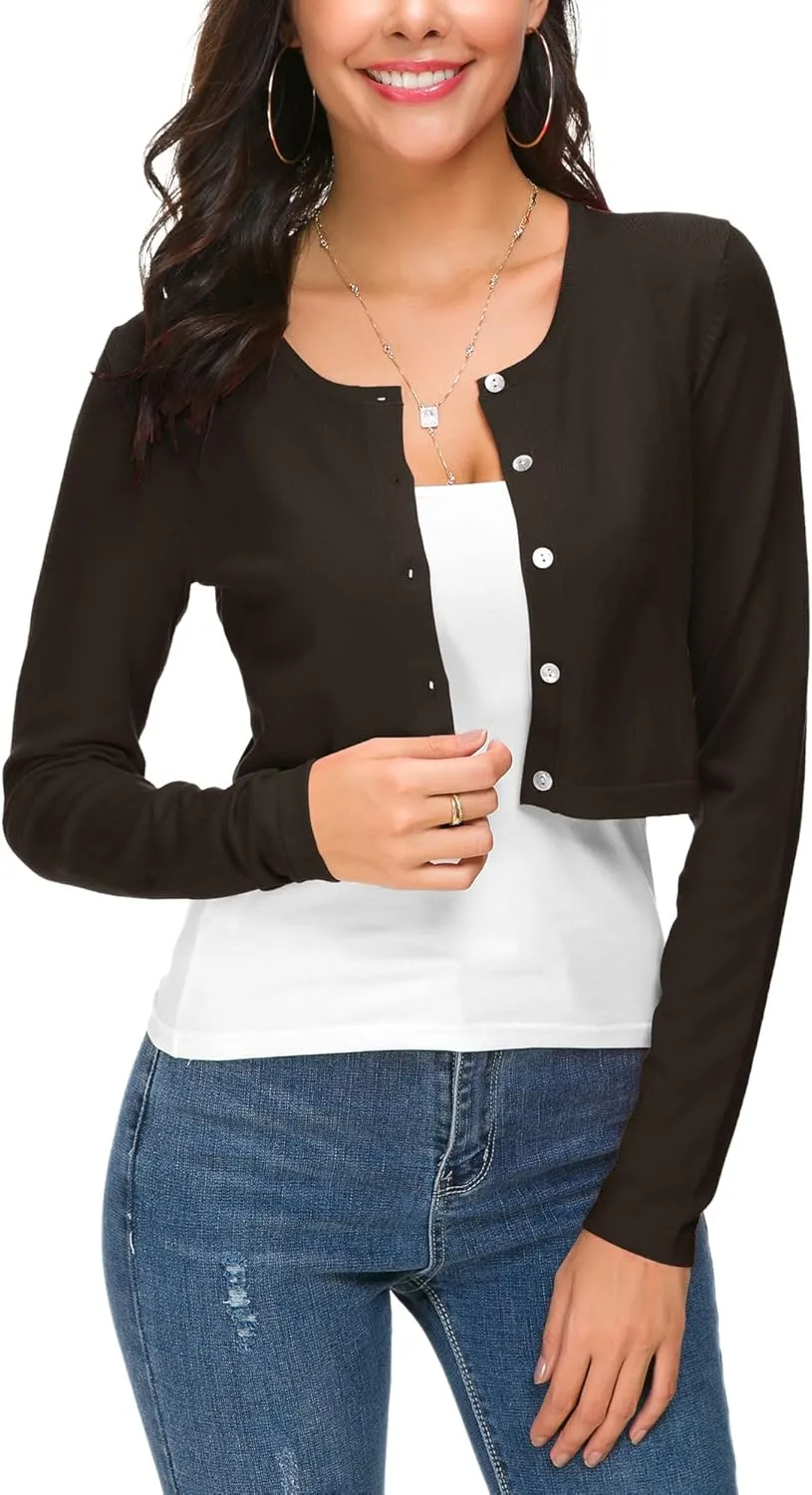 Women's Cropped Knit Cardigan Sweater Long Sleeve Button Down Open Front Bolero Shrug for Spring and Fall