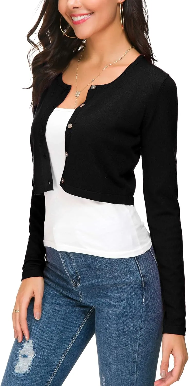 Women's Cropped Knit Cardigan Sweater Long Sleeve Button Down Open Front Bolero Shrug for Spring and Fall