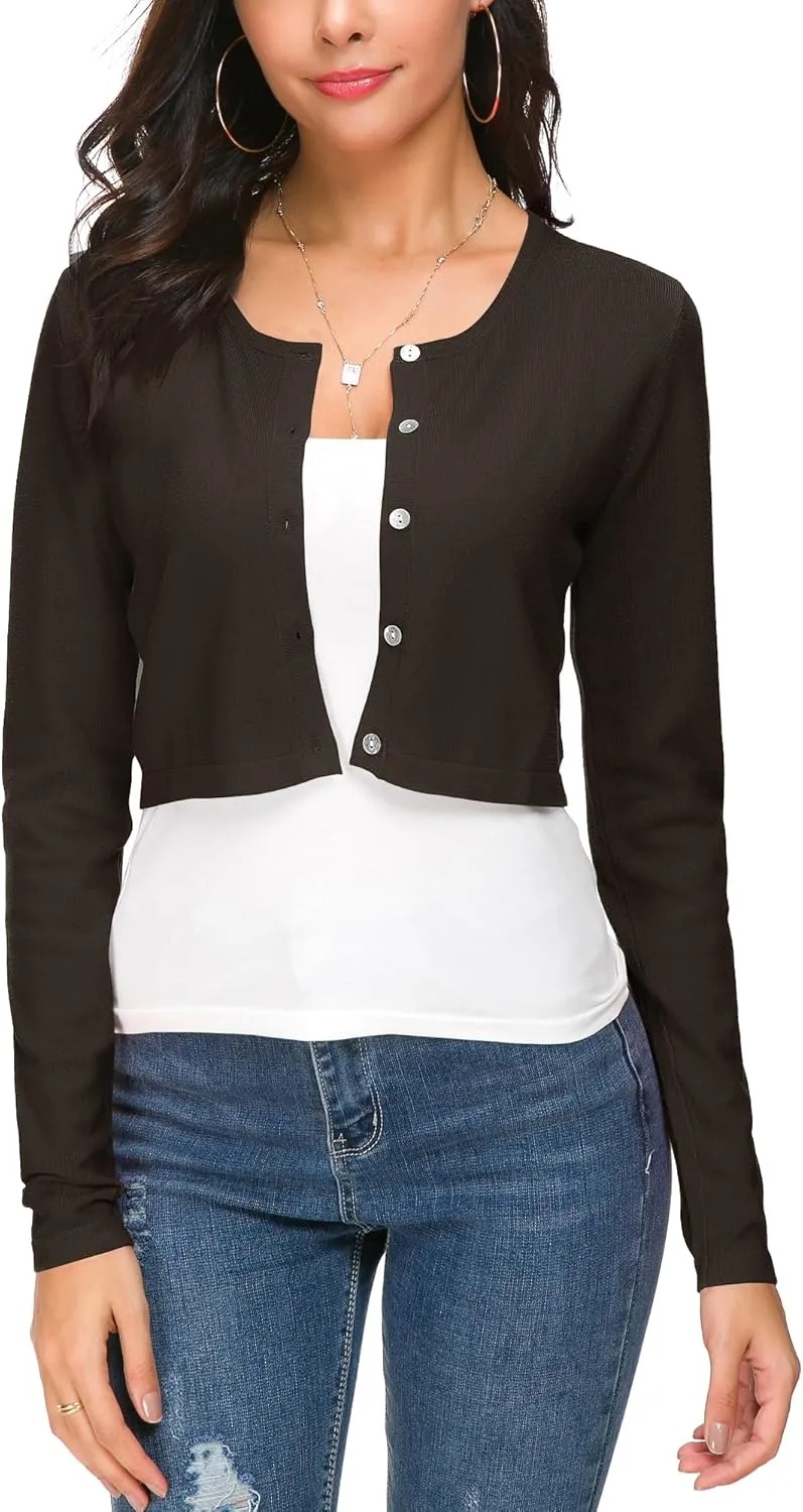 Women's Cropped Knit Cardigan Sweater Long Sleeve Button Down Open Front Bolero Shrug for Spring and Fall